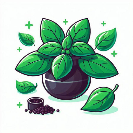Basil plant in a pot with black pepper. Vector illustration.のイラスト素材