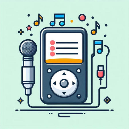 Vector illustration of media player with headphones, microphone and notes. Line art design for web, site, advertising, banner, poster, board and print.のイラスト素材