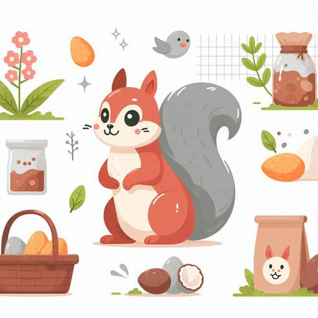 Cute squirrel cartoon character vector illustration. Cute forest animal. Cute squirrel with a basket of nuts.のイラスト素材