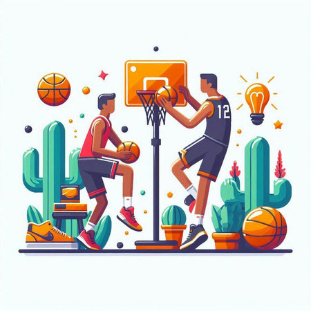 Basketball players with ball and basket in flat style. Vector illustrationのイラスト素材