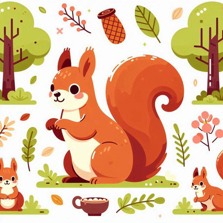Seamless pattern with cute squirrel and acorn. Vector illustrationのイラスト素材
