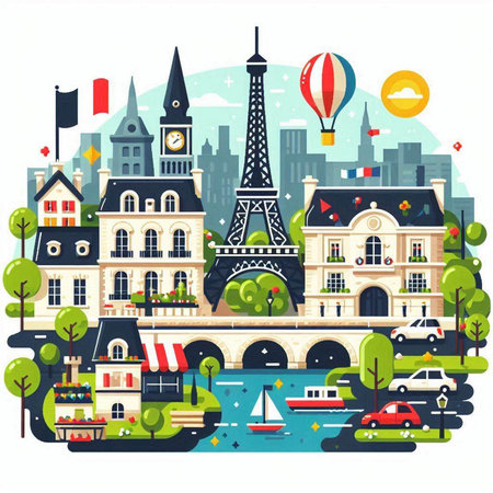 Flat design illustration of Paris cityscape with famous buildings and landmarks. Vector illustrationのイラスト素材