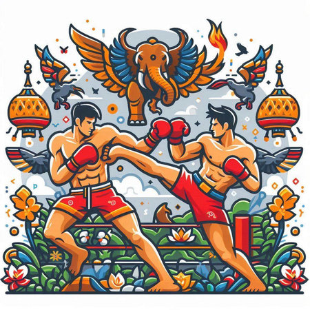 Colorful vector illustration of Thai boxing with elephant on the background of the city.のイラスト素材