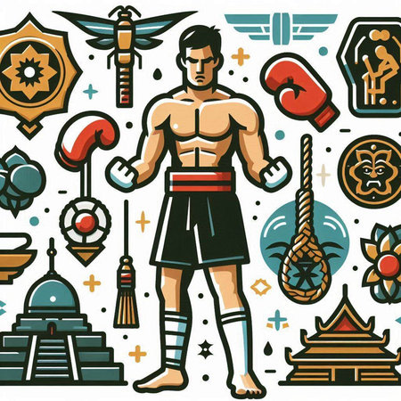 Thai martial arts background. Vector illustration of Thai fighter in flat style.のイラスト素材