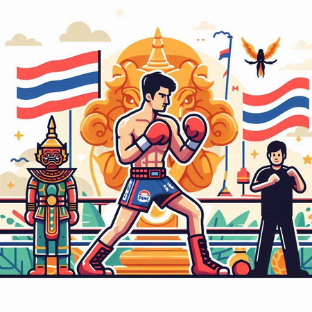 Thai boxing. Vector illustration in flat cartoon style. Sport theme.のイラスト素材