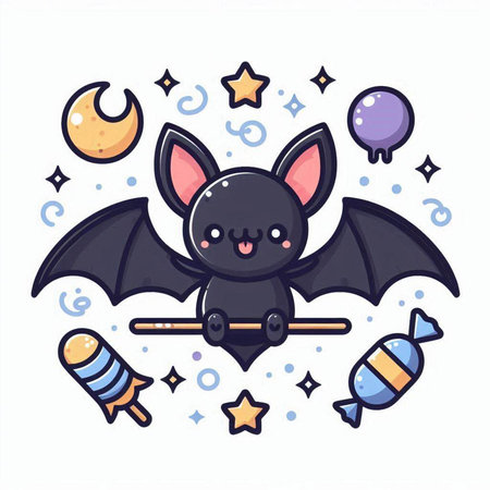 Cute cartoon bat with candies and moon. Vector illustration.のイラスト素材