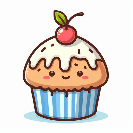 Cute cupcake with cherry on white background, vector illustration.のイラスト素材