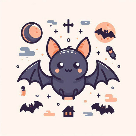 Vector illustration of a cute little bat in a flat style. Cute cartoon character for Halloween.のイラスト素材