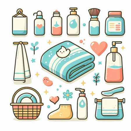 Set of bath and hygiene icons. Vector illustration in flat style.のイラスト素材