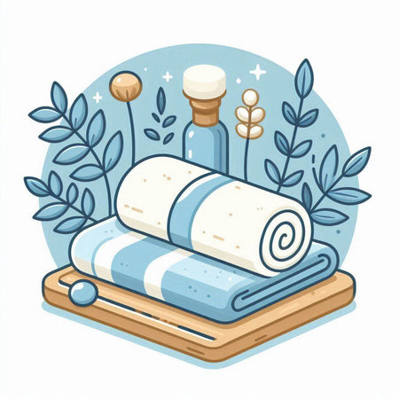 Spa set with towels and essential oils. Hand drawn vector illustration.のイラスト素材