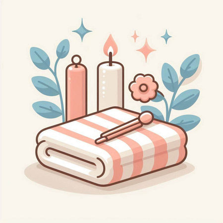 Spa salon accessories. Towel, candles and flowers. Vector illustrationのイラスト素材