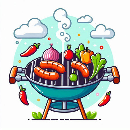 Barbecue grill with sausages and vegetables. Vector illustration.のイラスト素材