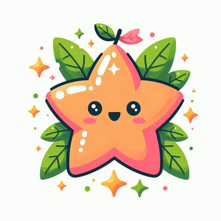 Cute kawaii star fruit with leafs and stars. Vector illustration.のイラスト素材