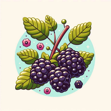 Blackberry branch with berries and leaves. Vector illustration in cartoon style.のイラスト素材