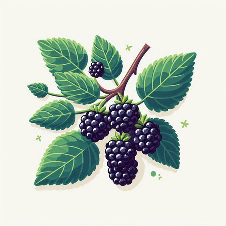 Blackberry branch with leaves and berries. Vector illustration on white background.のイラスト素材