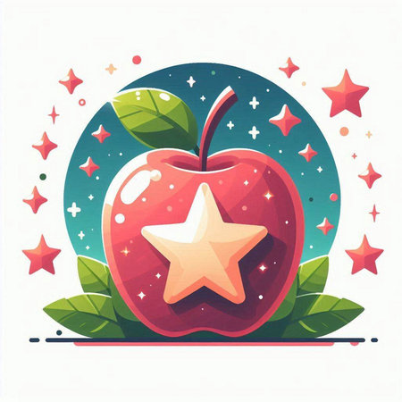 Red apple with star and green leaves on a white background. Vector illustration.のイラスト素材