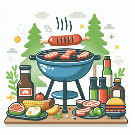 Vector illustration of barbecue grill with meat, vegetables, mushrooms, sausages.のイラスト素材