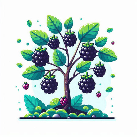 Blackberry tree with berries and leaves. Vector illustration in cartoon style.のイラスト素材