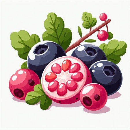 Vector illustration of fresh blueberries with leaves and pomegranate.のイラスト素材
