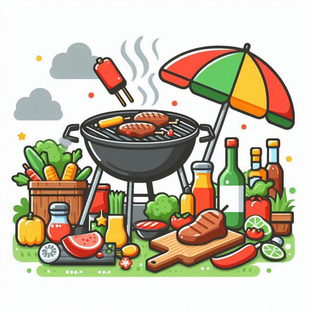 Barbecue grill with food and beverages. Vector illustration in cartoon style.のイラスト素材