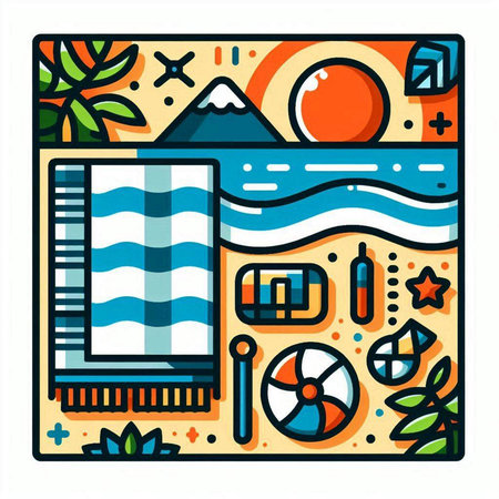 Tropical beach flat vector illustration. Summer vacation, travel, holiday concept.のイラスト素材