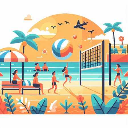 Beach volleyball vector illustration. Cartoon summer vacation. Summertime beach sport activity.のイラスト素材