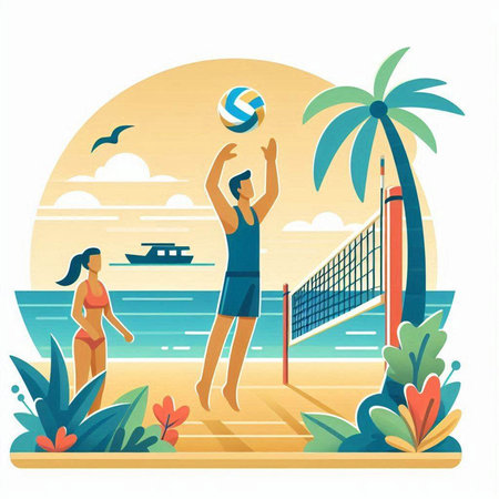 Beach Volleyball. Vector illustration in flat design style.のイラスト素材