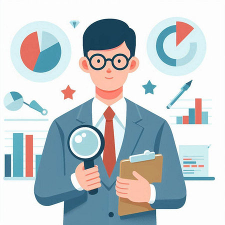 Businessman holding a magnifying glass and a clipboard. Vector flat design illustration.のイラスト素材