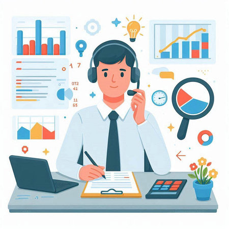 Businessman in headset working at office. Flat style vector illustration.のイラスト素材
