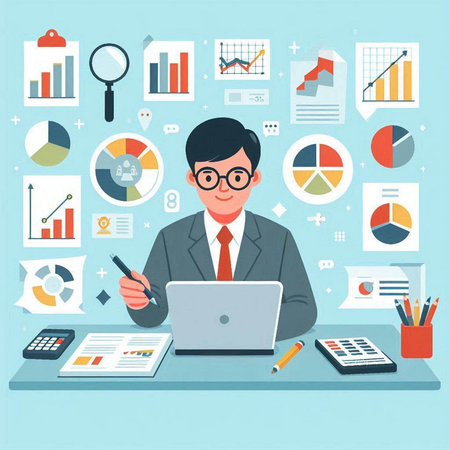 Businessman working with laptop in office. Flat design vector illustration.のイラスト素材