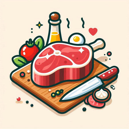 Steak and ingredients for cooking on a cutting board. Vector illustration.のイラスト素材