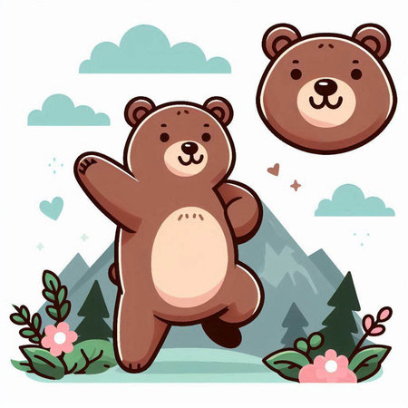 Illustration of two cute bears on a background of mountains and forestのイラスト素材