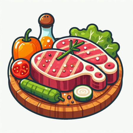 Steak and vegetables on a round wooden board. Vector illustration.のイラスト素材