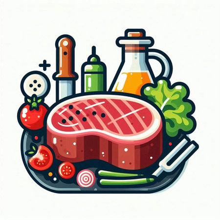 Steak with vegetables and spices. Vector illustration in flat style.のイラスト素材