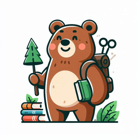 Cute bear with backpack, books and tree. Vector illustration.のイラスト素材