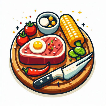 Steak with vegetables and eggs. Vector illustration in cartoon style.のイラスト素材