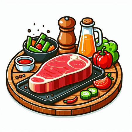 Steak on cutting board with vegetables and spices. Vector illustration.のイラスト素材