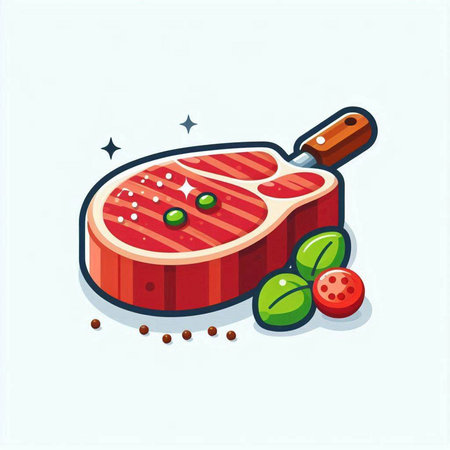 Steak on a cutting board with pepper and tomato. Vector illustration.のイラスト素材