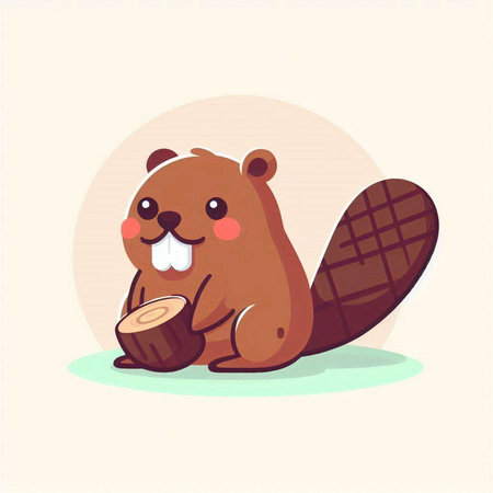 Beaver vector illustration. Cute cartoon beaver with a nut.のイラスト素材