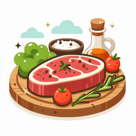 Steak with vegetables and spices. Vector illustration in cartoon style.のイラスト素材