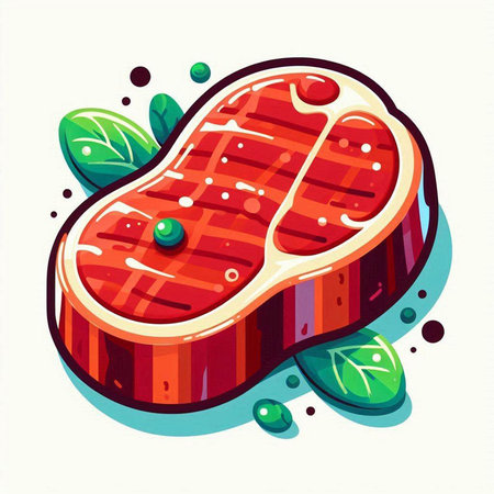 Steak. Vector illustration of a piece of meat with green leaves.のイラスト素材