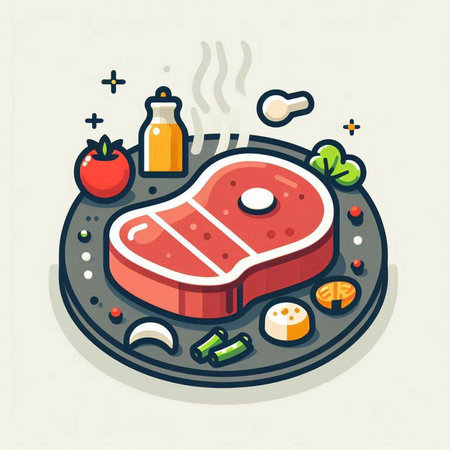 Steak and ingredients for cooking. Vector illustration in flat style.のイラスト素材