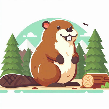 Cute beaver in the forest. Vector illustration in cartoon styleのイラスト素材
