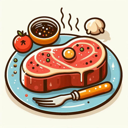 Steak on plate with fork and tomato sauce, vector illustration.のイラスト素材