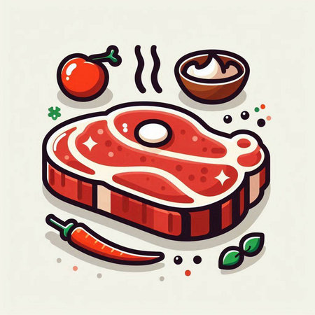 Steak, vegetables and spices. Vector illustration in cartoon style.のイラスト素材