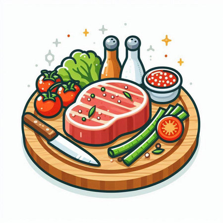 Steak with vegetables on a wooden board. Vector illustration in cartoon style.のイラスト素材