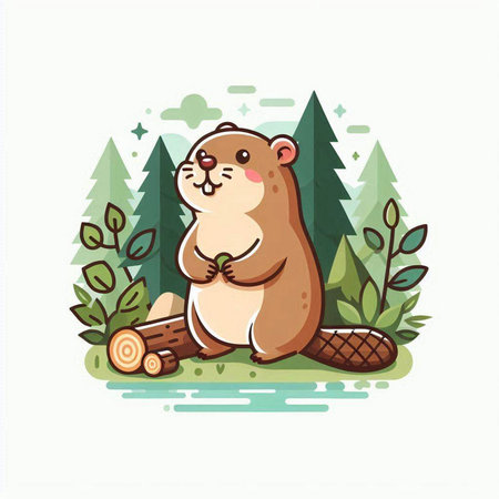 Cute beaver sitting on log in forest. Vector illustration.のイラスト素材