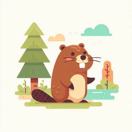 Cute beaver in the forest. Vector illustration in flat styleのイラスト素材