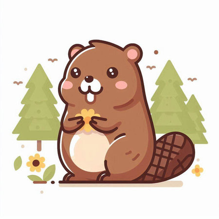 Cute beaver with a nut in his hand. Vector illustrationのイラスト素材