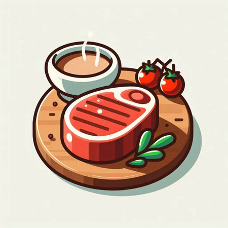 Steak with sauce and tomato on wooden board. Vector illustration.のイラスト素材